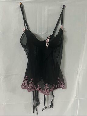 Black Mesh Babydoll Chemise with Pink Floral Embroidery Frederick’s of Hollywood